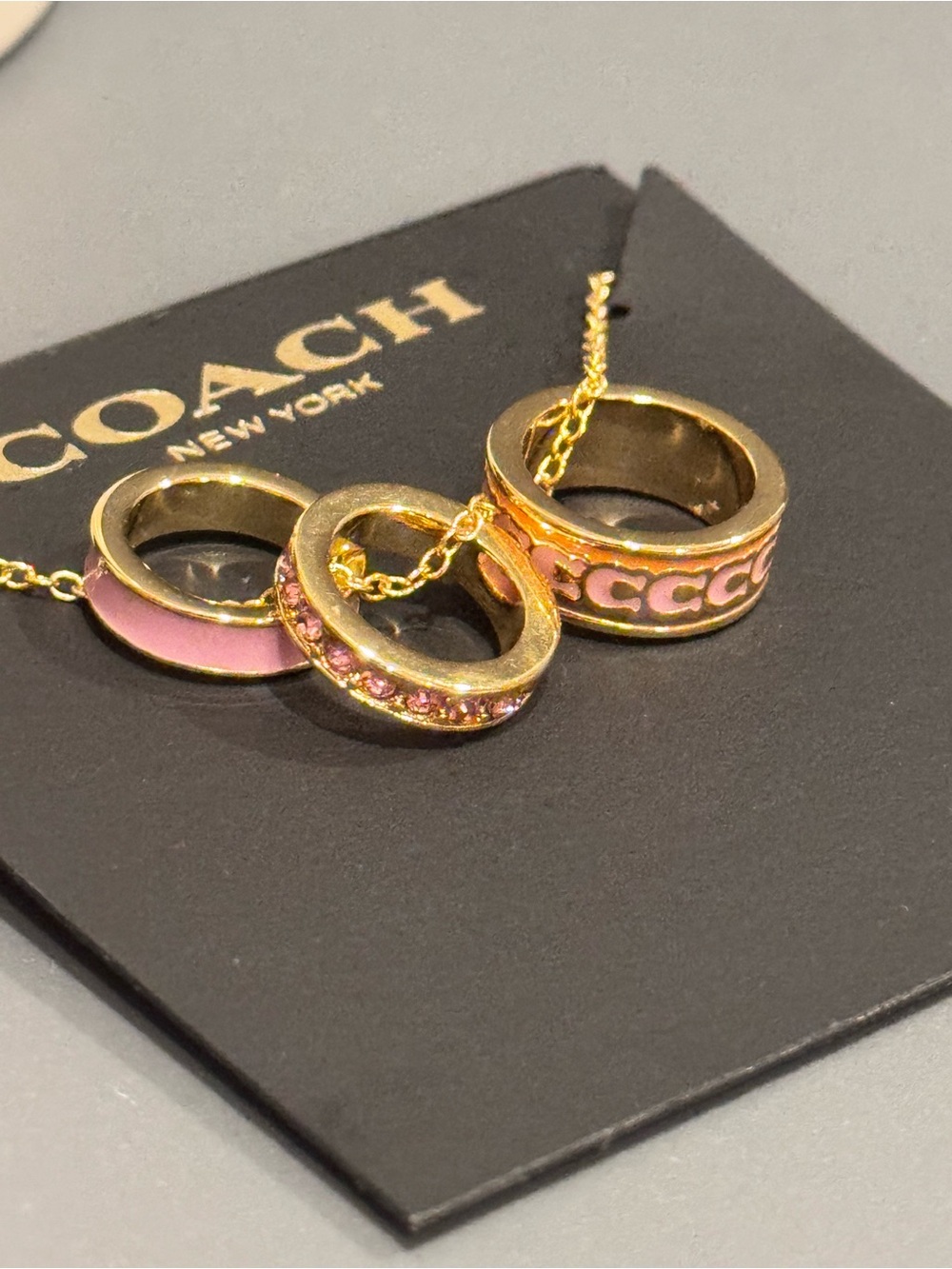 NWT Coach Gold Pink Enamel & Crystal 3-Ring Trio Pendant Necklace 16"+2"